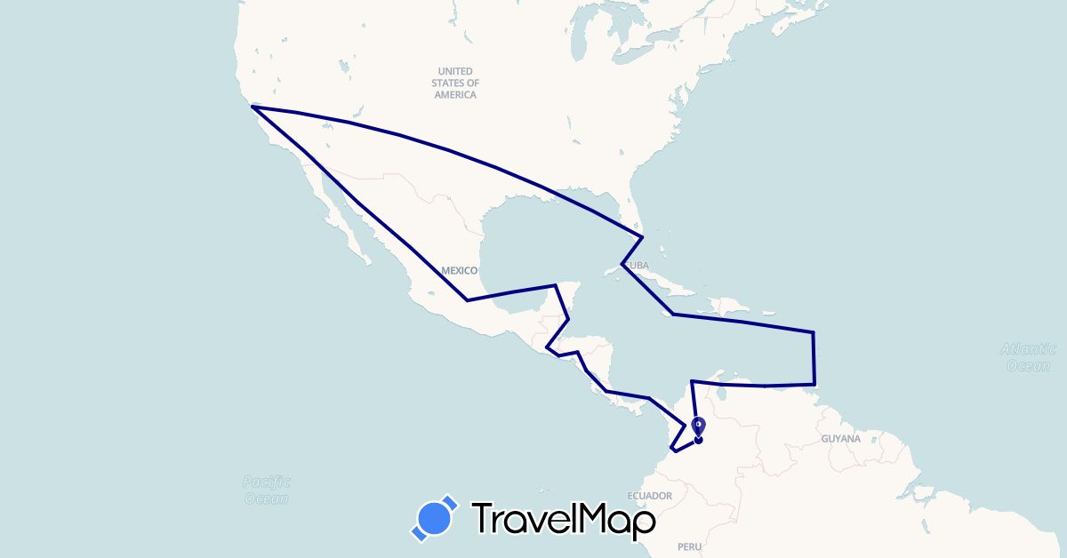 TravelMap itinerary: driving in Belize, Colombia, Costa Rica, Cuba, Guadeloupe, Guatemala, Honduras, Jamaica, Mexico, Nicaragua, Panama, El Salvador, Trinidad and Tobago, United States, Venezuela (North America, South America)
